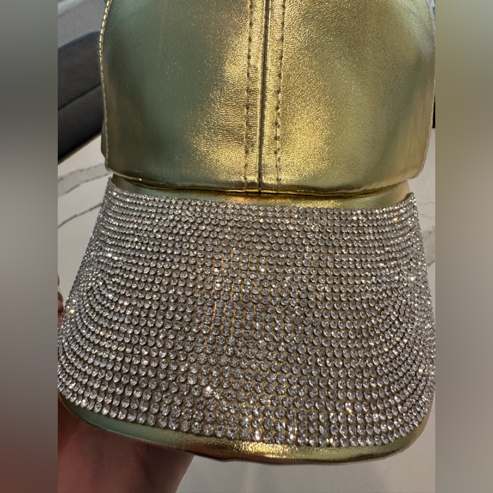 Gold faux leather rhinestone brim baseball cap, NWOT